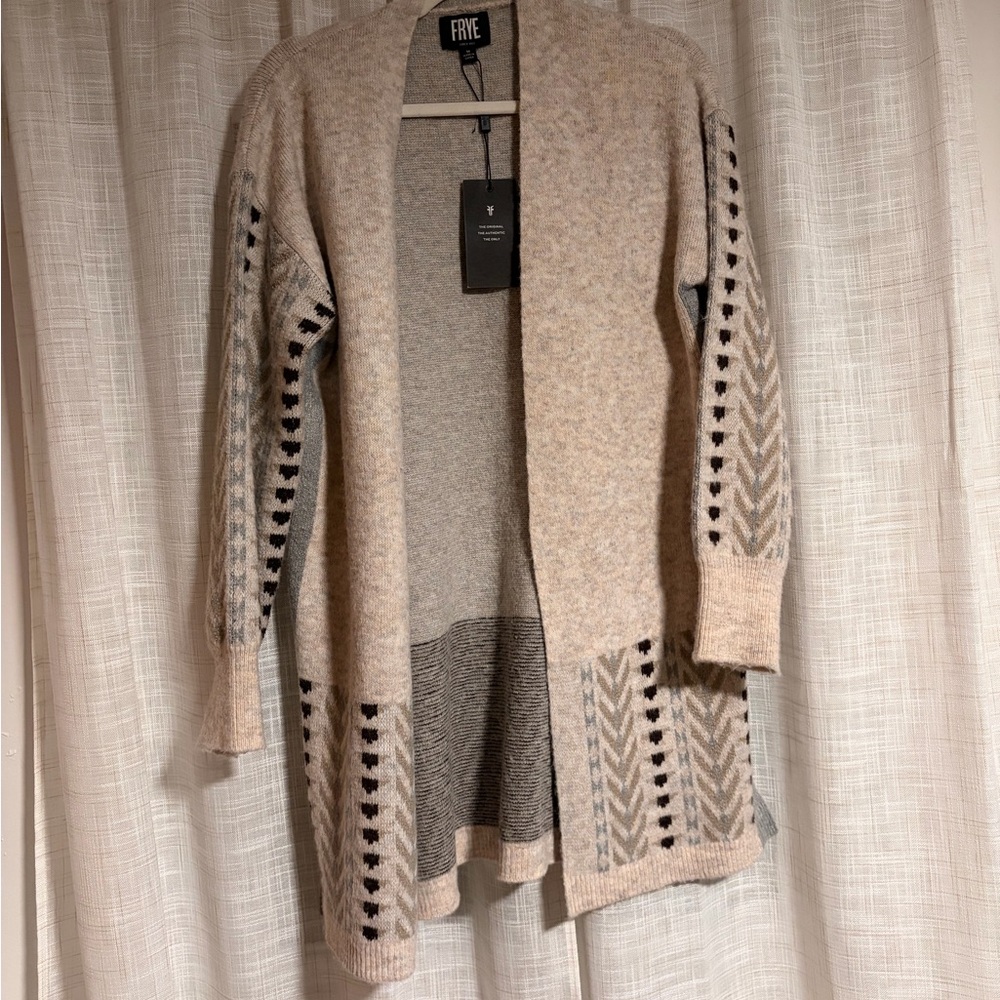 Frye Beige and Gray Open Front Knit Cardigan